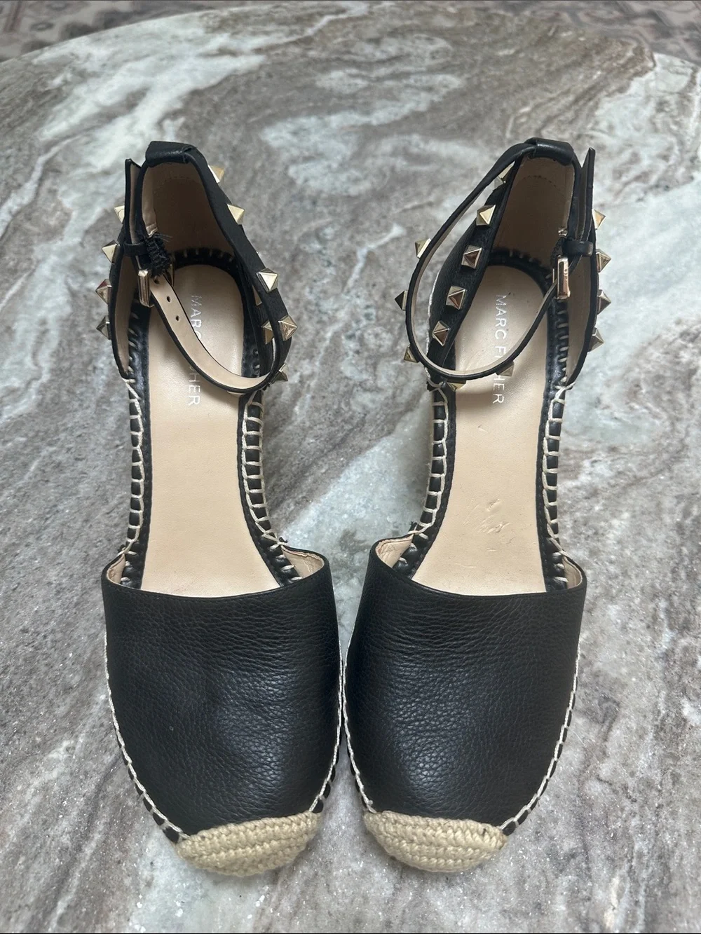 Marc Fisher Black Leather Espadrille Wedge Studded Close Toe Sandals Size 8.5